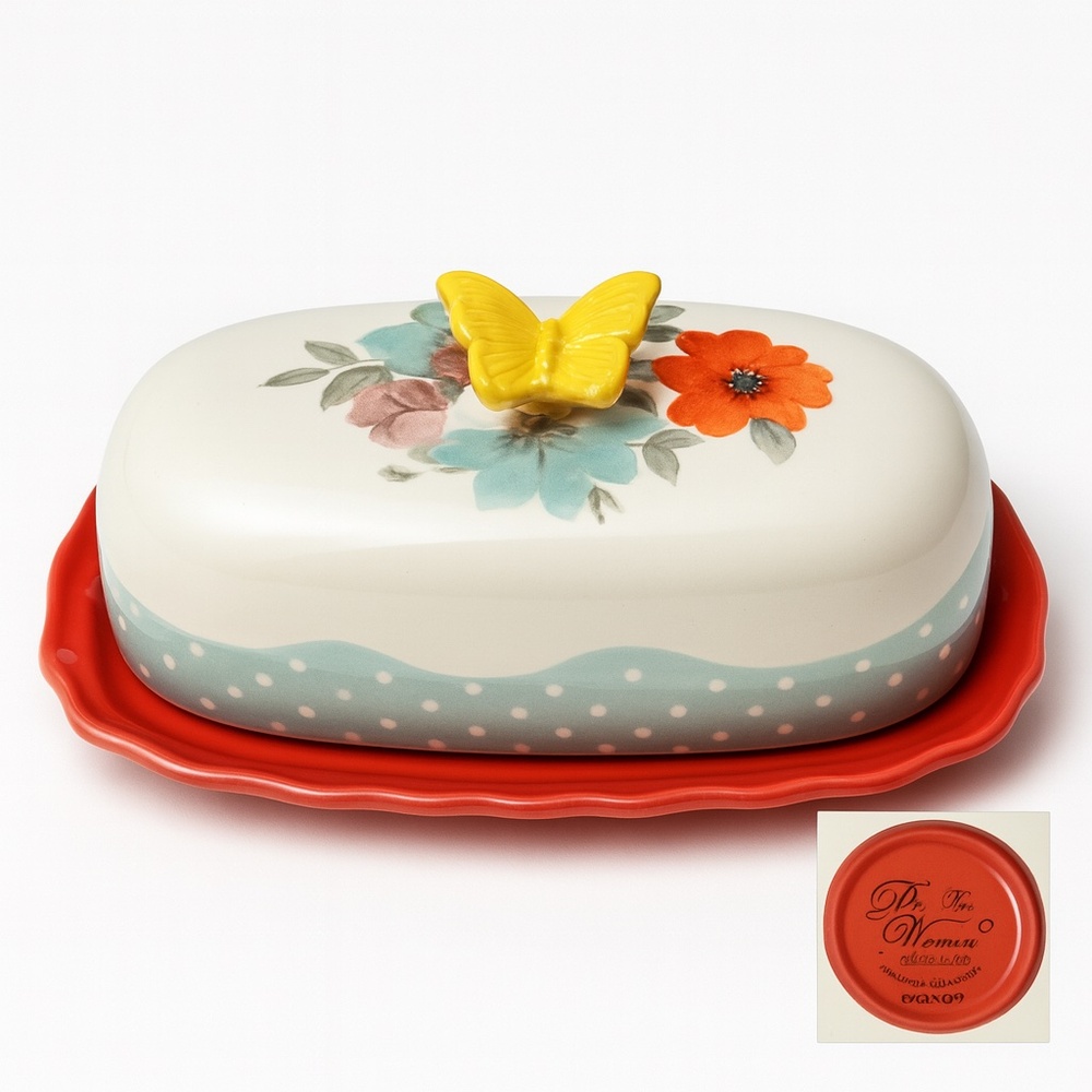 Pioneer Woman Floral Butterfly Butter Dish‎ Red Base Retired OS